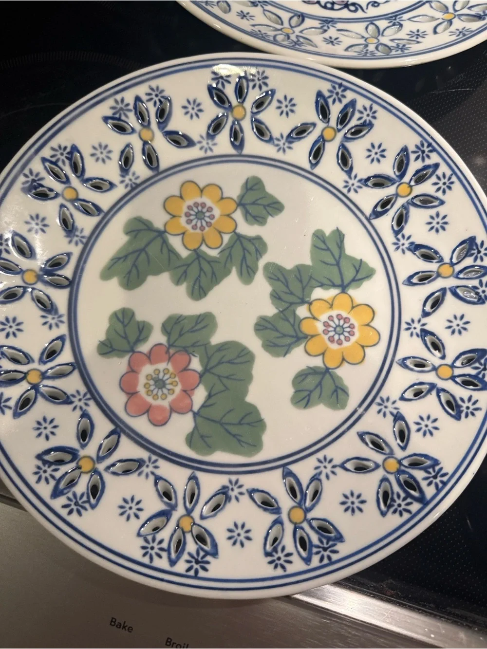 Set of 4 Decorative Floral Ceramic Plates - Blue, Yellow, Green